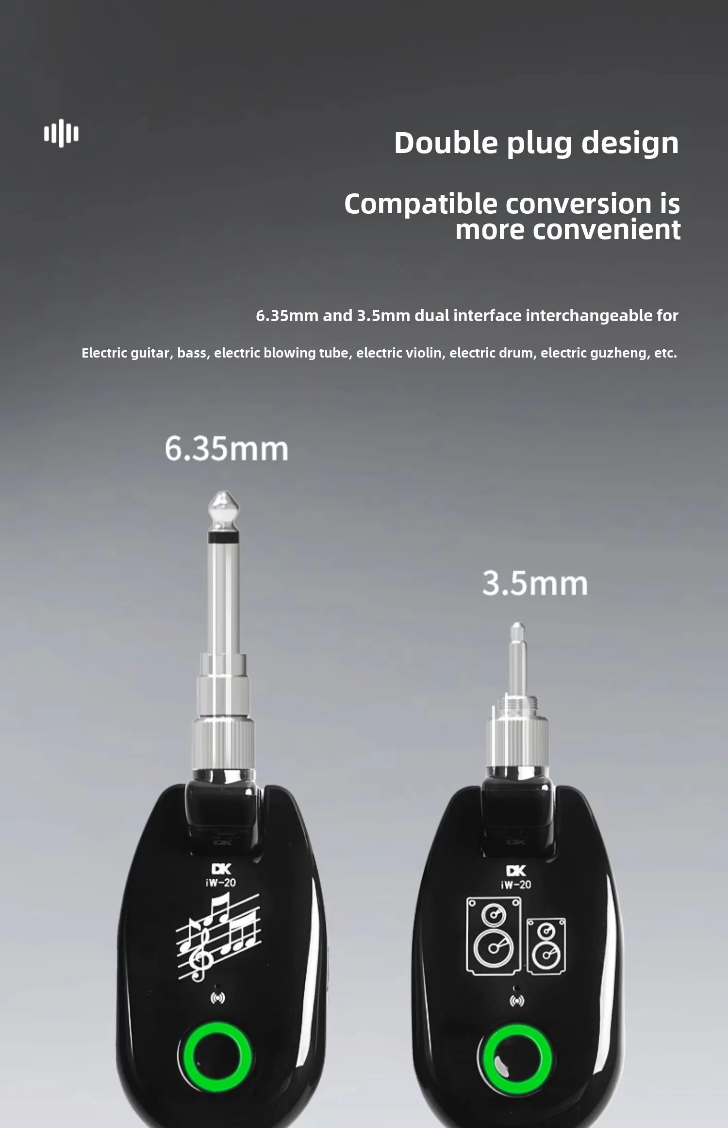 TRANSMISOR Y RECEPTOR INALAMBRICO DE AUDIO DK IW-20 PLUG 1/4 CONVERTIBLE A 3.5mm - Imagen 4