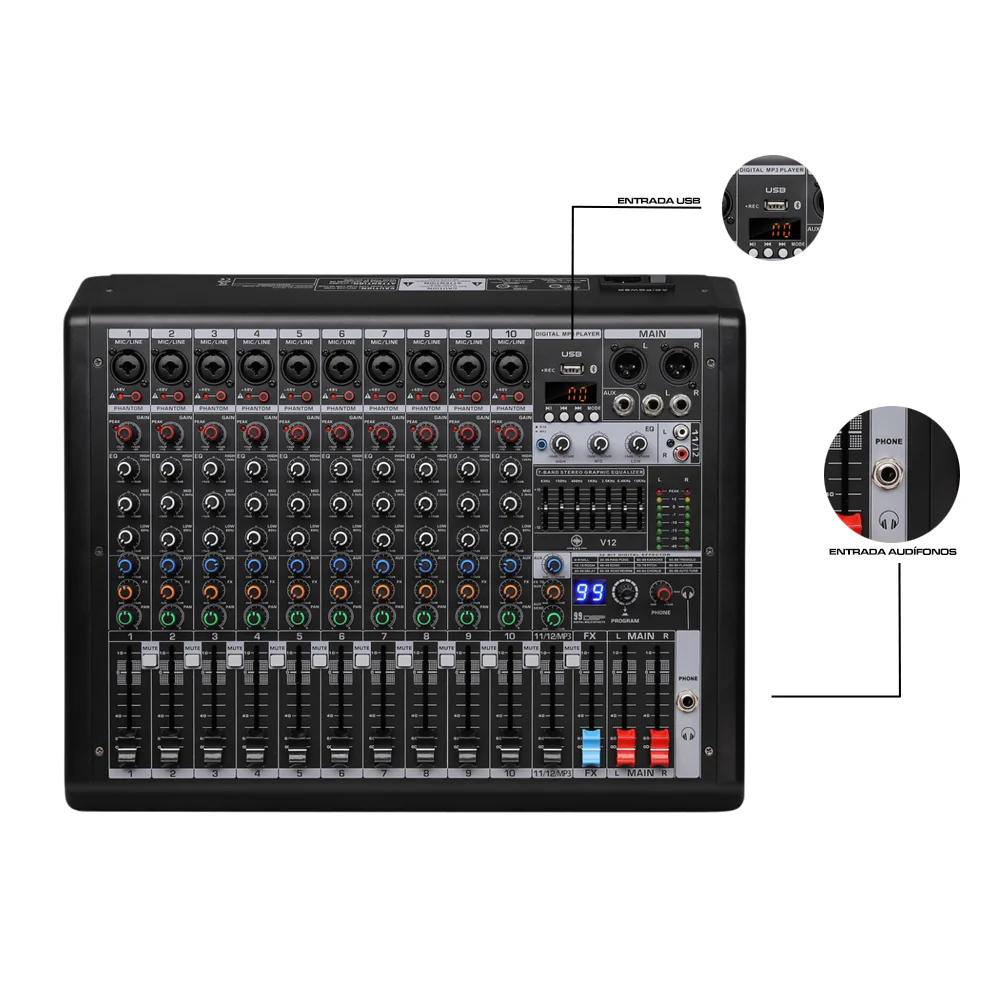 CONSOLA MEZCLADORA MIXER - 12 CANALES CON EFECTOS AURORA V12 - Imagen 2