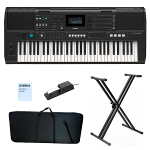 KIT TECLADO YAMAHA PSR E483 + PA-150 + ESTUCHE + BASE DOBLE + PEDAL SUSTAIN