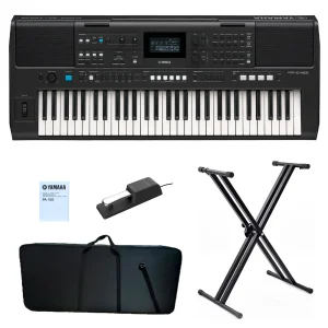 KIT TECLADO YAMAHA PSR E483 + PA-150 + ESTUCHE + BASE DOBLE + PEDAL SUSTAIN