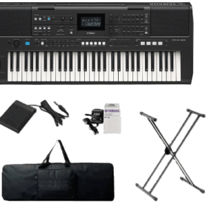 KIT TECLADO YAMAHA PSR E483 + PA-150 + ESTUCHE + BASE DOBLE + PEDAL SUSTAIN