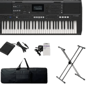KIT TECLADO YAMAHA PSR E583 + PA 300C + ESTUCHE + BASE DOBLE + PEDAL SUSTAIN